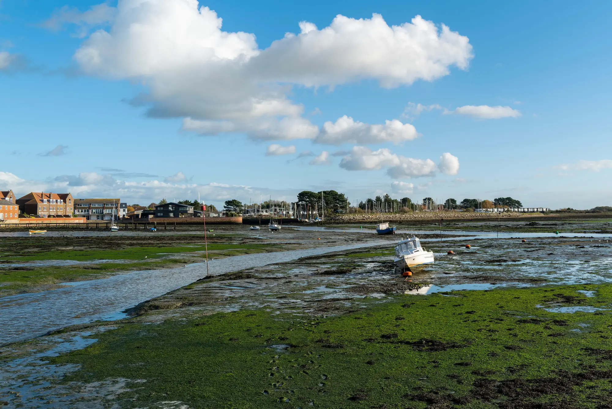 An English harbour at low tide, with green flats, moored boats and a channel of water